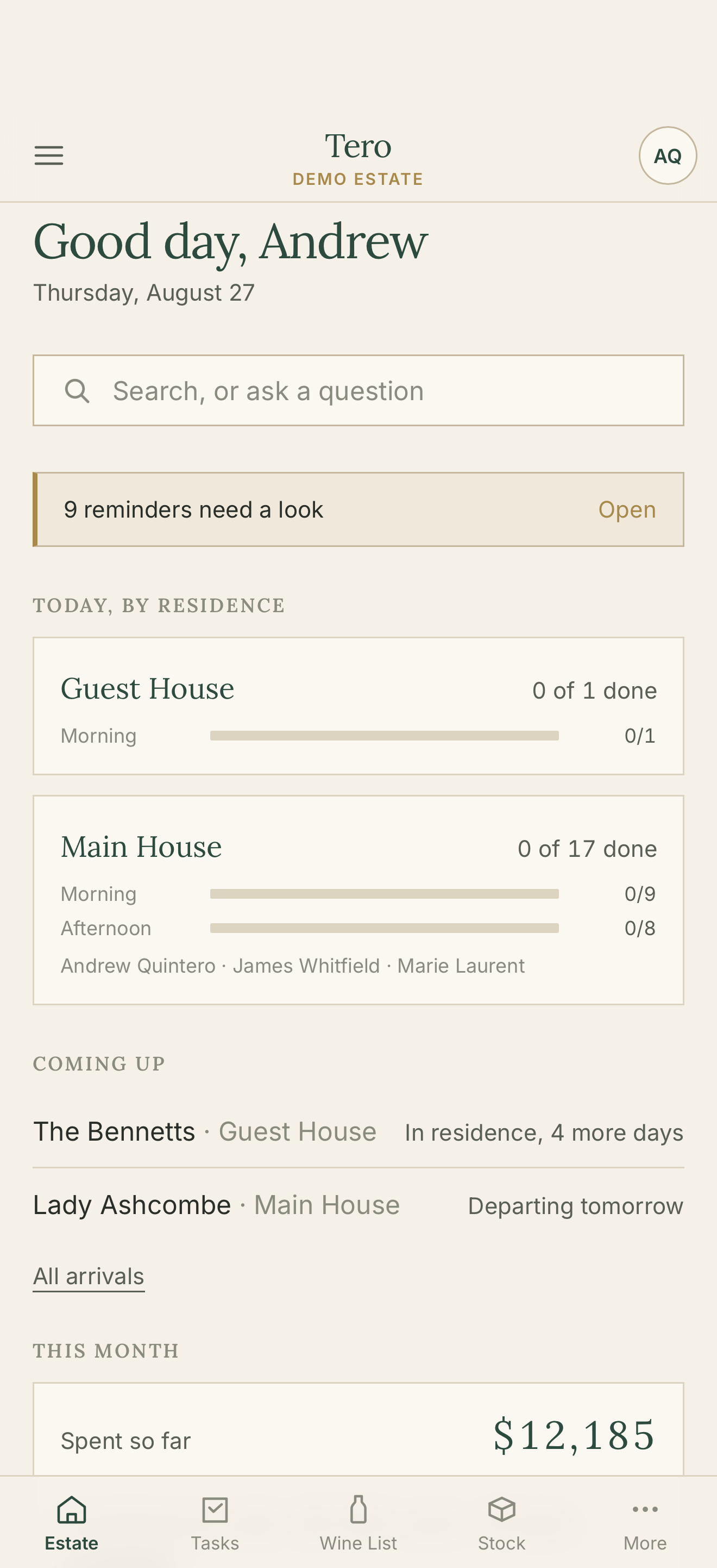 The Tero estate dashboard showing today's progress by residence, upcoming arrivals, and month-to-date spend