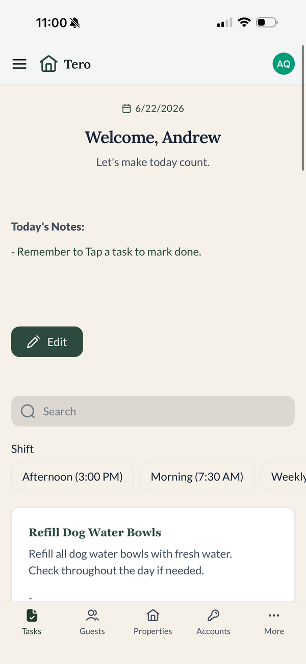 The Tero app home screen showing today's tasks by shift