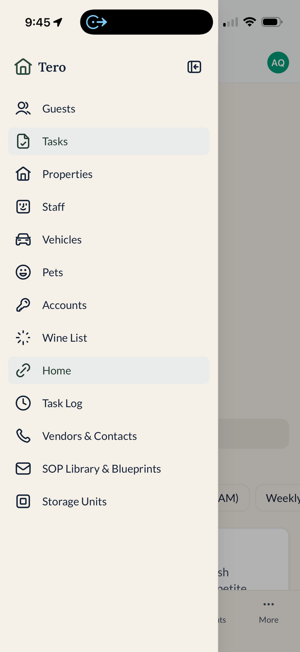 The Tero navigation menu listing every part of the household