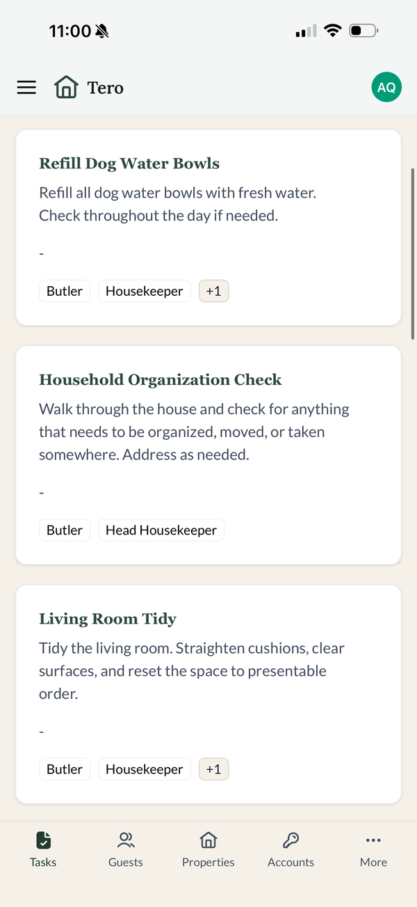 Tero task cards showing instructions and assigned roles