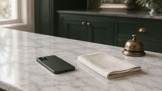 A phone lying face down on a marble pantry counter beside a folded linen napkin and a brass service bell