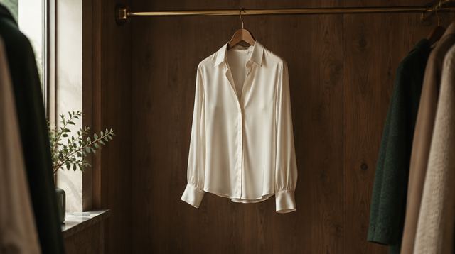 An ivory silk blouse on a wooden hanger in a quiet cedar-lined closet