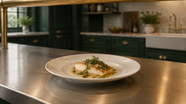 A plated fillet of white fish with brown butter and herbs on a steel kitchen pass