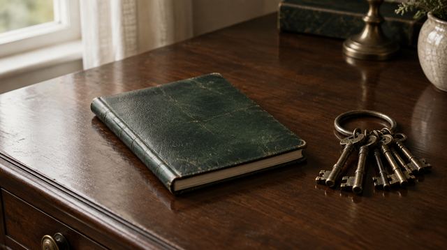 A worn green leather notebook beside a ring of antique brass keys on a walnut desk
