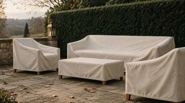 Outdoor furniture under cream canvas covers on a stone terrace in autumn