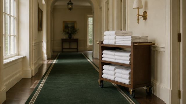 Pressed white linens stacked on a wooden housekeeping trolley in a cream hallway